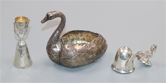Two miniature silver marriage or wager cups (one articulated) and a large swan pin cushion